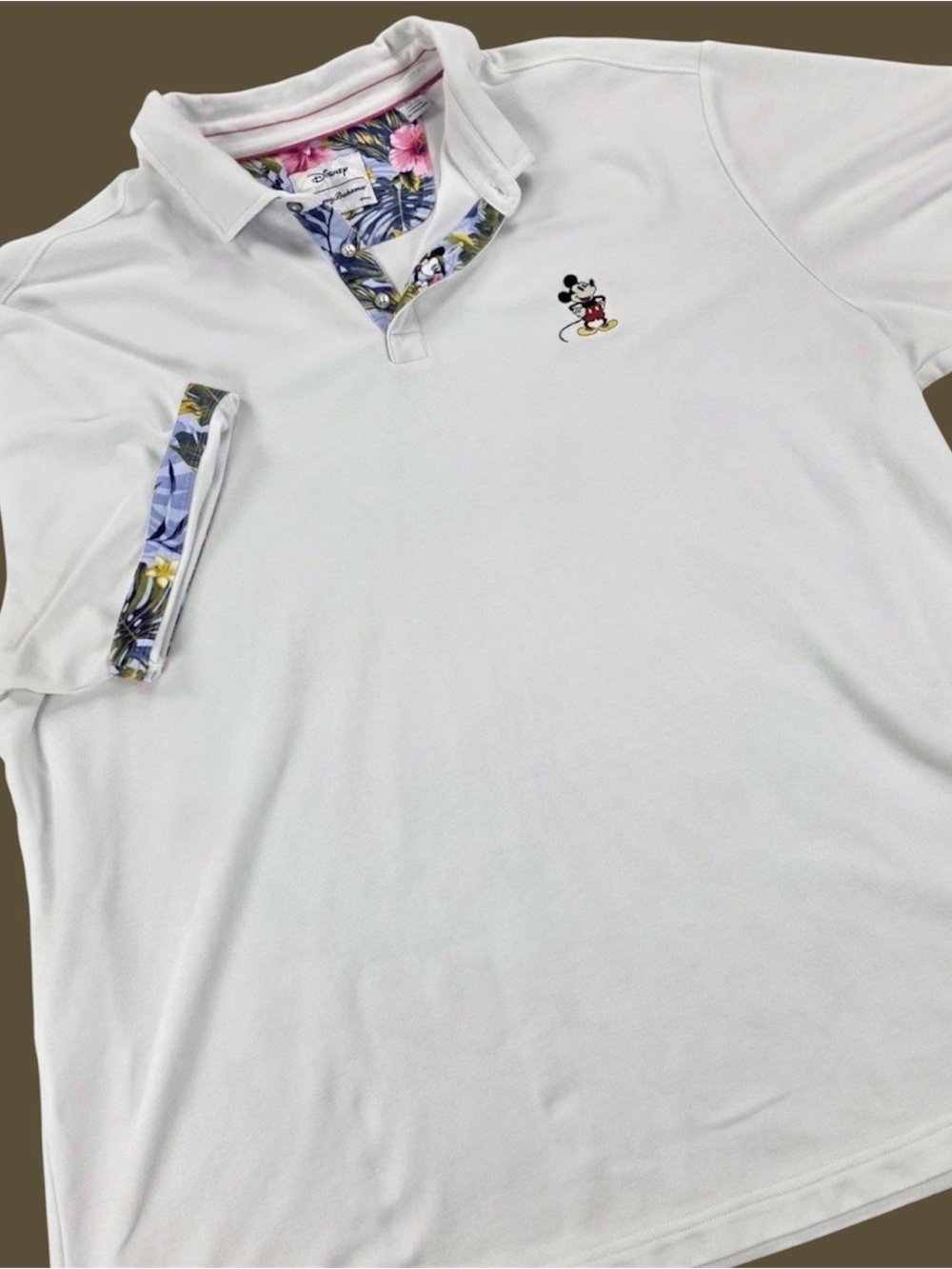 Tommy Bahama Disney Mickey Mouse Polo Shirt White Tropical Floral Trim